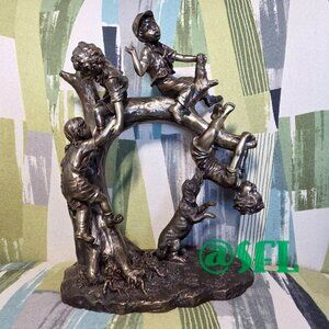 Bronzed Resin Sculpture Children Climbing Tree With Dog Large Table Home Decor